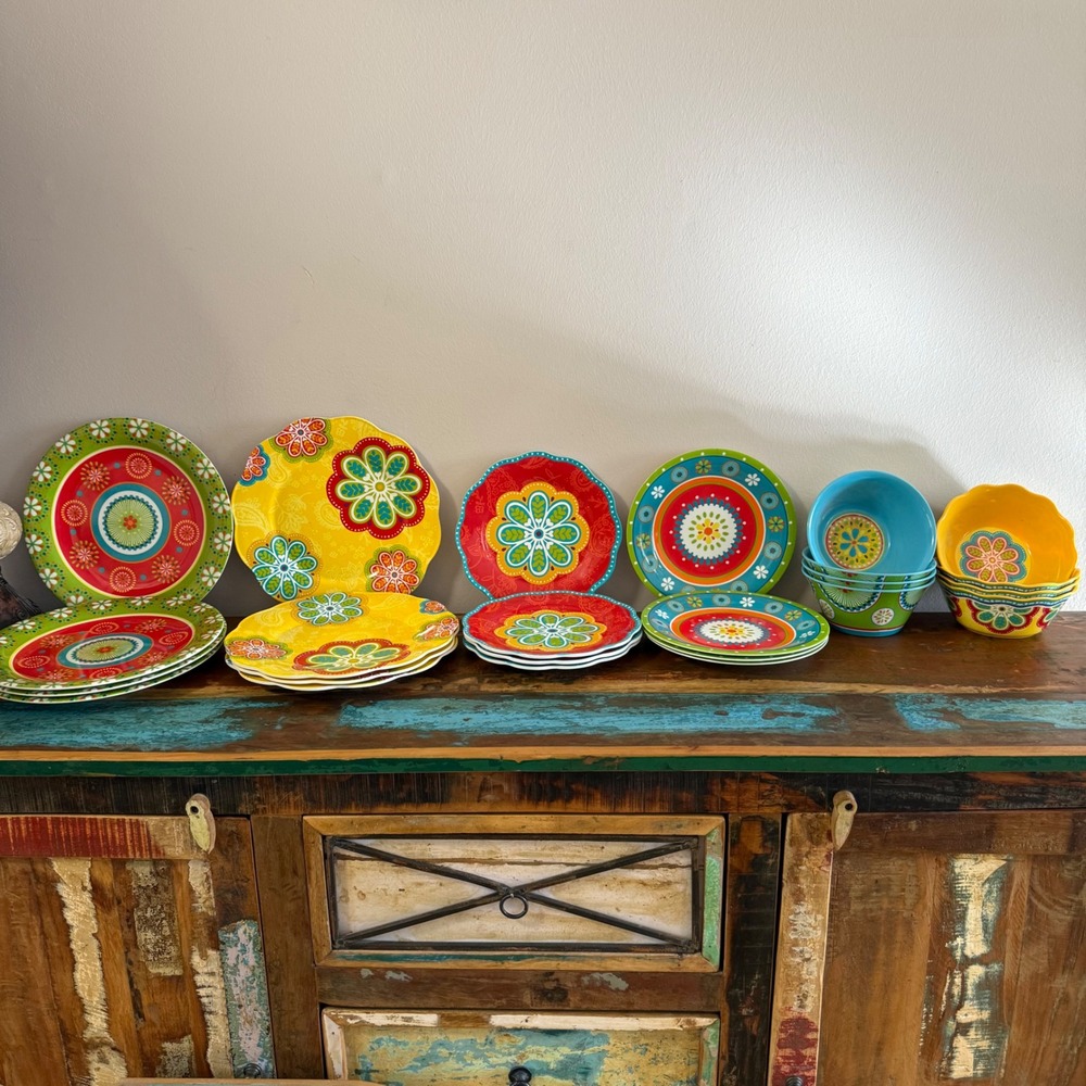 Pier 1 One Fiesta Sunny Floral Multi Plates Bowls Bohemian Retired 24 pc setting